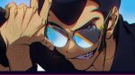  absurdres arm_hair arsene_lupin_iii bacchus_lpiii black_hair blue_background dress glasses hand_on_eyewear hand_up highres jewelry looking_away lupin_iii male_focus open_mouth sundress 
