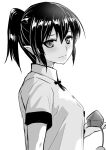  1girl closed_mouth commentary_request diisuke from_side greyscale hat hat_removed headwear_removed looking_at_viewer looking_to_the_side medium_hair monochrome pointy_ears shameimaru_aya shirt short_sleeves simple_background smile solo tokin_hat touhou upper_body white_background 