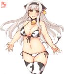  1girl alternate_costume animal_ears animal_print artist_logo bell bikini brown_eyes commentary_request covered_nipples cow_ears cow_horns cow_print cow_tail cowbell cowboy_shot dated ear_tag fake_animal_ears fake_horns front-tie_top groin highres horns kanon_(kurogane_knights) kantai_collection long_hair looking_at_viewer lowleg lowleg_bikini one-hour_drawing_challenge shoukaku_(kancolle) side-tie_bikini simple_background smile solo swimsuit tail thigh-highs white_background white_bikini white_hair white_legwear 