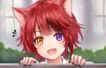  1boy :d animal_ear_fluff animal_ears antenna_hair bangs black_nails blush brown_eyes commentary_request eyebrows_visible_through_hair fangs heterochromia looking_at_viewer male_focus nail_polish notice_lines open_mouth portrait redhead rinu_(niconico) smile solo strawberry_prince sunameri_(pixiv3564245) utaite_(singer) violet_eyes 