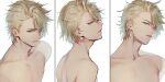  1boy ahoge aladdin_(sinoalice) blonde_hair blue_eyes dated eyebrows_visible_through_hair hair_over_one_eye highres looking_at_viewer male_focus ojo_aa panels parted_lips shirtless short_hair signature simple_background sinoalice solo white_background 