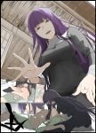  2girls architecture asagami_fujino bangs bikini black_border black_dress blunt_bangs border breast_smother breasts commentary_request covered_navel dress east_asian_architecture face_to_breasts fate/grand_order fate_(series) female_pov from_above from_below fujimaru_ritsuka_(female) highres kara_no_kyoukai lap_pillow long_dress long_hair long_sleeves looking_at_another looking_at_viewer medium_breasts multiple_girls navel o-ring o-ring_bikini open_clothes open_mouth open_shorts pov purple_hair seiza shirt shorts sidelocks sitting smile striped striped_bikini swimsuit syatey unzipped very_long_hair 
