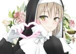  1girl black_dress blonde_hair blush closed_mouth diisuke dress flower gloves habit hands_up heart heart_hands long_sleeves looking_at_viewer neck_ribbon nijisanji nun ribbon sister_cleaire smile solo upper_body veil white_gloves white_neckwear white_ribbon yellow_eyes 