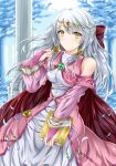  1girl bangs bare_shoulders blurry book bow bridal_gauntlets cape circlet corset depth_of_field detached_sleeves dress fire_emblem fire_emblem:_radiant_dawn hair_bow holding holding_book kei_(asufend) long_hair long_sleeves micaiah_(fire_emblem) outdoors red_cape silver_hair smile snow solo turtleneck_dress white_dress wide_sleeves yellow_eyes 