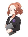  1girl alternate_hairstyle brown_eyes brown_hair formal highres okumura_haru persona persona_5 ponytail smile solo suit upper_body wavy_hair white_background yuigata_(somokosukosu69) 