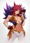  1girl abs absurdres animal_ears bandaged_arm bandages bracer breasts choker clearhand fingerless_gloves fur fur_coat genderswap genderswap_(mtf) gloves highres league_of_legends lipstick makeup muscular pants redhead scar scar_on_face sett_(league_of_legends) 