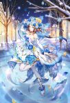  1girl absurdres bare_shoulders breasts bridal_gauntlets brown_hair building character_request dress flower hair_flower hair_ornament high_heels highres medium_breasts nemusuke official_art romancing_saga_re;universe snow snowflakes thigh-highs tree window 