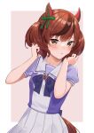  1girl absurdres animal_ears bangs blush border bow bowtie brown_eyes brown_hair commentary_request ear_covers ear_ribbon eyebrows_visible_through_hair highres horse_ears looking_at_viewer mochiko_(uyu_omochi) multicolored_hair nice_nature_(umamusume) outside_border parted_lips puffy_short_sleeves puffy_sleeves purple_neckwear purple_shirt sailor_collar sailor_shirt school_uniform shirt short_sleeves simple_background skirt solo streaked_hair tracen_school_uniform umamusume upper_body white_border white_skirt 