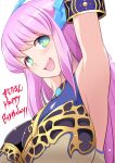 1girl :d armband armpits blush breasts bright_pupils copyright_request diisuke green_eyes hand_up hands_up happy_birthday large_breasts long_hair looking_at_viewer open_mouth pink_hair simple_background smile solo upper_body upper_teeth white_background white_pupils 
