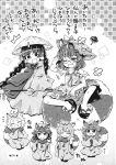  6+girls ajirogasa animal_ears braid doujinshi futatsuiwa_mamizou greyscale hat highres jizou leaf_hat monochrome multiple_girls pote_(ptkan) raccoon_ears raccoon_tail sandals tail tanuki torn_clothes touhou translation_request yatadera_narumi 