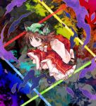  1girl abstract_background animal_ear_fluff animal_ears bow bowtie brown_eyes brown_hair cat_ears cat_tail chen dress full_body gold_trim hat highres itomugi-kun jewelry looking_ahead mob_cap multiple_tails nekomata red_dress short_hair single_earring solo tail touhou two_tails white_neckwear 