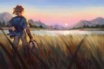 1boy blonde_hair grass holding holding_weapon house link looking_ahead pixiescout pointy_ears ponytail sky star_(sky) sunset sword the_legend_of_zelda the_legend_of_zelda:_breath_of_the_wild weapon 