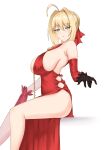  1girl absurdres ahoge bangs blonde_hair blush braid breasts crimecrime dress fate/extra fate_(series) french_braid gloves green_eyes hair_between_eyes hair_bun hair_intakes highres jewelry large_breasts long_hair looking_at_viewer necklace nero_claudius_(fate) nero_claudius_(fate)_(all) red_dress sideboob sitting thighs 