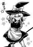  1girl apron bow braid breasts dress greyscale hair_bow hat highres kirisame_marisa long_hair looking_at_viewer monochrome smile solo teeth touhou tukiwani witch_hat 