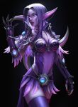  1girl absurdres alisa_nilsen black_background breasts claws colored_skin commentary cowboy_shot dark_elf ear_covers earrings elf english_commentary facial_mark gauntlets hand_up highres jewelry linked_piercing long_hair looking_at_viewer medium_breasts night_elf parted_lips pelvic_curtain piercing pink_skin pointy_ears purple_hair purple_legwear simple_background solo standing thigh-highs violet_eyes warcraft world_of_warcraft 