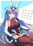  1girl :p absurdres arm_rest armpit_crease azur_lane bangs bare_shoulders black_legwear blue_background blue_eyes blue_hair bodystocking breasts bubble_tea center_opening chair chinese_commentary commentary_request covered_navel cowboy_shot cup disposable_cup dress drop_shadow elbow_gloves eyebrows_visible_through_hair gloves hair_between_eyes headgear highres holding holding_cup large_breasts long_hair looking_at_viewer new_jersey_(azur_lane) pantyhose ru_yan sidelocks sitting smile solo starry_background tongue tongue_out very_long_hair white_background white_dress white_gloves 