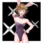 1girl aiming aiming_at_viewer animal_ears black_leotard black_neckwear bow bowtie breasts brown_hair bunny_tail commentary_request detached_collar ebitama_(ebitamamix) green_eyes gun holding holding_gun holding_weapon leotard meitantei_conan open_mouth playboy_bunny rabbit_ears sera_masumi short_hair small_breasts smile solo strapless strapless_leotard tail upper_teeth wavy_hair weapon wrist_cuffs 