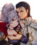  1boy 1girl bangs black_hair breasts choker couple finger_to_mouth fire_emblem hair_ornament ishtar_(fire_emblem) jewelry large_breasts long_hair looking_at_viewer ponytail reinhardt_(fire_emblem) upper_body violet_eyes wani_(fadgrith) 