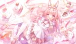  1girl :d animal_ears apron bangs blush bow brown_bow brown_dress cake cake_slice commentary_request crown cup dress eyebrows_visible_through_hair food fork full_body hair_bow hand_to_own_mouth heart highres holding holding_food indie_virtual_youtuber long_hair long_sleeves looking_at_viewer mini_crown omochi_monaka open_mouth pink_eyes pink_footwear pink_hair puffy_long_sleeves puffy_sleeves rabbit rabbit_ears shoes smile solo spoon strawberry_shortcake teacup thigh-highs tiered_tray two_side_up ureha_mimi virtual_youtuber white_apron white_legwear 