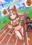  2girls animal_ears bare_shoulders black_hair black_legwear black_sleeves black_sports_bra blush bread_eating_race brown_buruma brown_eyes brown_footwear brown_legwear brown_sleeves brown_sports_bra brown_thoroughbred_(kemono_friends) buruma chestnut_thoroughbred_(kemono_friends) clothes_pin commentary_request detached_sleeves extra_ears eyebrows_visible_through_hair headgear horse_ears horse_girl horse_tail japari_symbol jumping kemono_friends kemono_friends_3 leggings light_brown_hair long_hair midair midriff multicolored_hair multiple_girls navel official_art pastry ponytail shoes smile sneakers socks sports_bra sportswear tail translation_request two-tone_hair two-tone_legwear white_hair white_legwear yuko_(uc_yuk) 