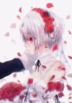  1girl alternate_costume alternate_hairstyle bare_shoulders bridal_veil closed_mouth dress flower hand_on_another&#039;s_face hand_on_another&#039;s_head honkai_(series) honkai_impact_3rd looking_to_the_side petals red_eyes red_flower red_rose rose simple_background solo theresa_apocalypse theresa_apocalypse_(luna_kindred) usurai_rairai veil wedding_dress white_background white_hair 