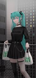  1girl 7-eleven absurdres aqua_hair asymmetrical_legwear bag belt black_choker black_legwear black_nails black_shirt black_skirt blue_eyes choker cityscape closed_mouth cross darr1o ear_piercing english_commentary feet_out_of_frame fishnet_legwear fishnets gothic hatsune_miku high-waist_skirt highres long_sleeves miniskirt outdoors piercing plastic_bag shirt shopping_bag skirt solo twintails vocaloid 