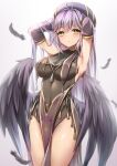  1girl armpits arms_up bangs blush bodystocking breasts closed_mouth covered_navel cowboy_shot detached_sleeves eyebrows_visible_through_hair feathered_wings feathers hat highres long_sleeves looking_at_viewer medium_breasts original purple_hair simple_background solo standing thighs umou_(may65879) wings yellow_eyes 