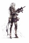  1girl absurdres armor asymmetrical_legwear dust girls_frontline gun h&amp;k_ump highres knee_pads korean_commentary long_hair looking_at_viewer looking_to_the_side messy_hair pale_skin pleated_skirt scope shinkawa_youji_(style) simple_background skirt submachine_gun suppressor ump45_(girls_frontline) vcntkm weapon white_background 