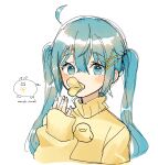  1girl ahoge artist_name blue_eyes blue_hair blush commentary cropped_torso english_commentary hair_between_eyes hand_up hatsune_miku highres long_hair long_sleeves looking_at_viewer pringle_duck simple_background solo sweater turtleneck turtleneck_sweater twintails upper_body vocaloid wandu_muk white_background yellow_sweater 