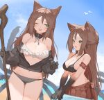  2girls :d ;d animal_ear_fluff animal_ears arm_garter bangs bare_shoulders bikini black_bikini black_jacket blush breasts brown_hair brown_skirt claws commentary_request commission green_eyes halter_top halterneck highres holding holding_staff jacket large_breasts long_hair long_sleeves looking_at_another medium_breasts midriff mismatched_bikini multiple_girls multiple_tails navel off_shoulder one_eye_closed open_mouth original pleated_skirt sidelocks sideways_glance skeb_commission skirt smile sorotu staff stomach swimsuit tail very_long_hair white_bikini 