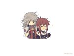  1boy 1girl armor chibi closed_eyes gloves hair_ribbon highres jin_(xenoblade) long_hair lora_(xenoblade) mochimochi_(xseynao) parted_lips pauldrons redhead ribbon short_hair shoulder_armor simple_background smile white_hair xenoblade_chronicles_(series) xenoblade_chronicles_2 xenoblade_chronicles_2:_torna_-_the_golden_country yellow_eyes 