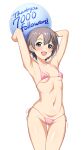  1girl :d armpits arms_up ass_visible_through_thighs ball bangs beachball bikini black_eyes blush breasts commentary_request cowboy_shot english_text grey_hair highres holding holding_ball idolmaster idolmaster_cinderella_girls looking_at_viewer micro_bikini milestone_celebration navel open_mouth otokura_yuuki riking short_hair side-tie_bikini small_breasts smile solo standing string_bikini swimsuit thank_you thigh_gap 