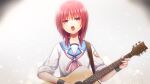  1girl angel_beats! black_wristband blue_sailor_collar closed_eyes grey_background guitar holding holding_instrument instrument iwasawa music nakamura_hinato neckerchief open_mouth pink_neckwear redhead sailor_collar school_uniform serafuku shinda_sekai_sensen_uniform short_hair singing solo upper_body upper_teeth 