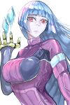  1girl bangs belt blue_hair bodysuit breasts eyebrows_visible_through_hair gloves highres ice k3_art kula_diamond large_breasts long_hair simple_background the_king_of_fighters the_king_of_fighters_xiv upper_body violet_eyes white_background 