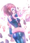 1girl ass bodysuit boku_no_hero_academia breasts brown_eyes brown_hair from_behind frown highres looking_at_viewer looking_back medium_breasts outstretched_arm shiny shiny_hair short_hair skin_tight solo standing sydus uraraka_ochako white_background 