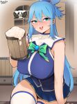  1girl alcohol aqua_(konosuba) beads beer beer_mug blue_eyes blue_hair blush boca breasts cup drooling drunk hair_beads hair_ornament hair_rings highres kono_subarashii_sekai_ni_shukufuku_wo! large_breasts long_hair miniskirt mug open_mouth shirt signature skirt sleeveless sleeveless_shirt smile smug speech_bubble thigh-highs very_long_hair white_legwear zettai_ryouiki 