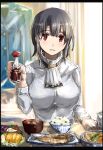  black_hair border breasts food food_focus highres kantai_collection long_sleeves meal medium_breasts red_eyes seitei_(04seitei) shirt short_hair sketch takao_(kancolle) upper_body white_shirt 