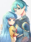  1boy 1girl aqua_eyes aqua_hair armor bangs brother_and_sister cape closed_mouth edamameoka eirika_(fire_emblem) ephraim_(fire_emblem) eyebrows_visible_through_hair fingerless_gloves fire_emblem fire_emblem:_the_sacred_stones gloves highres long_hair looking_at_viewer shoulder_armor siblings twins white_background 