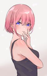  1girl aibon blush go-toubun_no_hanayome hair_between_eyes hand_on_own_face highres looking_at_viewer nakano_ichika pink_hair short_hair solo upper_body violet_eyes 