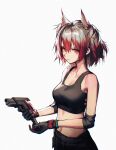 1girl animal_ears arknights bird_ears black_gloves black_shorts black_sports_bra elbow_pads gloves gun handgun highres holding holding_gun holding_weapon looking_at_viewer midriff navel red_eyes red_gloves redhead short_hair shorts simple_background solo sports_bra suffering_(arknights) two-tone_gloves upper_body veilrain weapon white_background 
