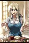  apron atago_(kancolle) blonde_hair blue_apron border breasts food food_focus green_eyes highres kantai_collection long_hair meal open_mouth seitei_(04seitei) shirt sketch white_shirt 