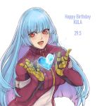  1girl bangs belt birthday blue_hair bodysuit breasts happy_birthday highres ice kthovhinao_virmi kula_diamond long_hair medium_breasts simple_background smile the_king_of_fighters violet_eyes white_background zipper 