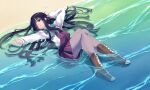  002machi 1girl absurdres bangs beach black_hair boots cross-laced_footwear dress grey_legwear hair_over_one_eye hair_ribbon hayashimo_(kancolle) highres kantai_collection lace-up_boots long_hair long_sleeves lying on_back outdoors pantyhose parted_lips partially_submerged purple_dress ribbon sand shirt solo very_long_hair water wet wet_clothes wet_hair white_shirt 