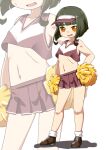  1girl bob_cut braid brown_eyes brown_skirt cheerleader commentary_request crop_top crop_top_overhang green_hair highres holding holding_pom_poms kantai_collection midriff nassukun pleated_skirt pom_poms short_hair sidelocks skirt solo takanami_(kancolle) visor_cap zoom_layer 