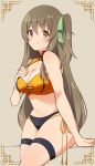  assault_lily bikini brown_hair hair_ribbon hand_on_own_chest heterochromia highres kuo_shenlin long_hair motsutoko navel ribbon simple_background smile solo swimsuit 