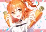  1girl bangs carrot dancing fate/grand_order fate_(series) food fujimaru_ritsuka_(female) hair_between_eyes highres holding holding_carrot holding_food open_mouth orange_eyes orange_hair ponytail shirt short_hair side_ponytail smile solo tsuyukusa_(eeta7273) upper_body 