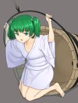  1girl bangs barefoot bucket eyebrows_visible_through_hair full_body green_eyes grey_background hair_bobbles hair_ornament half-closed_eyes highres holding japanese_clothes kakone kimono kisume long_sleeves looking_at_viewer open_mouth seiza short_hair short_sleeves simple_background sitting solo touhou twintails white_kimono wide_sleeves wooden_bucket 