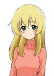  1girl bangs blonde_hair carpaccio_(girls_und_panzer) casual closed_mouth commentary eyebrows_visible_through_hair girls_und_panzer green_eyes long_hair long_sleeves looking_at_viewer nasunael pink_sweater simple_background smile solo sweater turtleneck upper_body white_background 