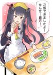  1girl apron black_hair blue_archive bowl chopsticks commentary_request food fuuka_(blue_archive) hair_between_eyes highres horns long_hair looking_at_viewer open_mouth plate red_eyes rice_bowl school_uniform so_shi_te solo table twintails 