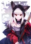  1girl animal_ears arknights beanie black_collar black_headwear black_shirt collar diamond-shaped_pupils diamond_(shape) e-bushi ears_through_headwear fox_ears frostleaf_(arknights) hat headphones highres holding holding_polearm holding_weapon implied_extra_ears jacket long_hair looking_at_viewer off-shoulder_shirt off_shoulder open_clothes open_jacket oripathy_lesion_(arknights) polearm red_eyes red_jacket shirt silver_hair solo symbol-shaped_pupils upper_body weapon 